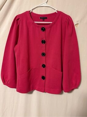 Anne Klein Fuchsia Round-Neck Button Jacket with Puff Sleeves